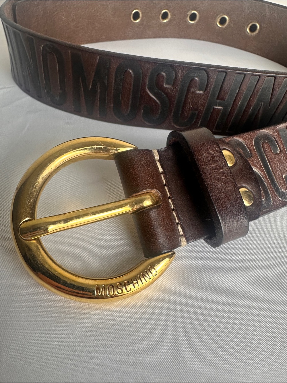 MOSCHINO Brown Genuine Leather Logo Belt Gold Buckle Italy 35”